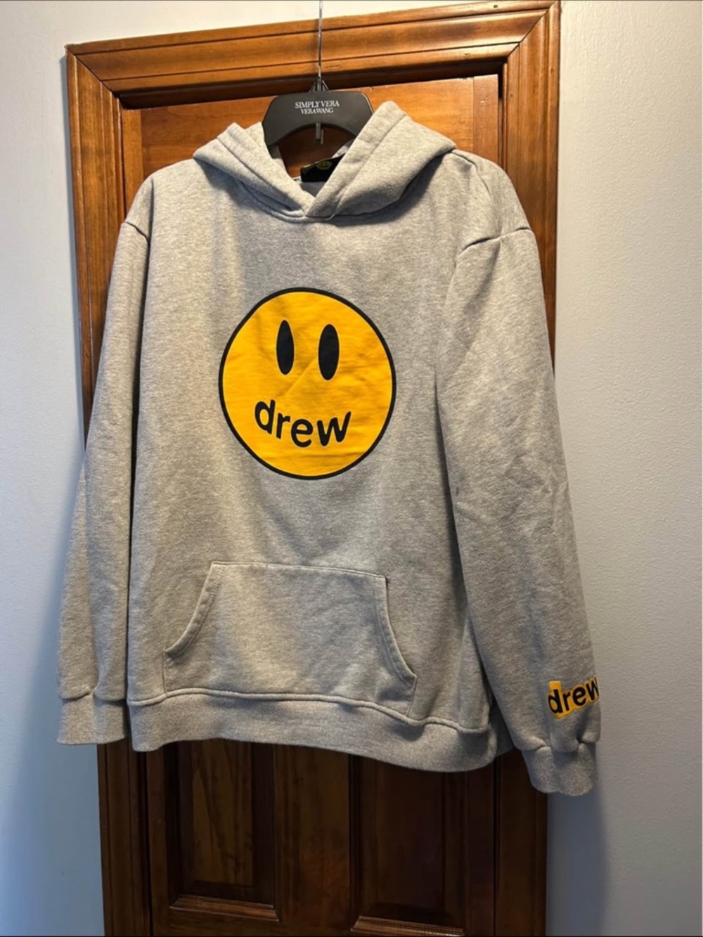 Justin Bieber  Drew House Mascot Gray Crewneck Hoodie with Yellow Smiley Logo